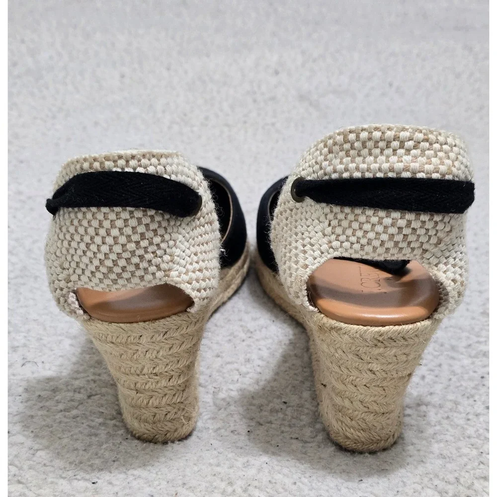 J.Crew Black Canvas Espadrille Wedge Sandals Lace Up Ankle Tie Cream Heel 7.5